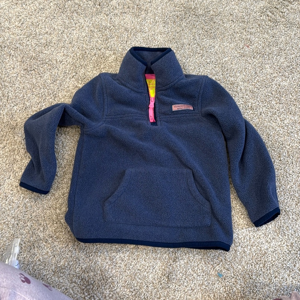 Vineyard Vines Navy Girls Fleece Pullover with Pink Zip Trim